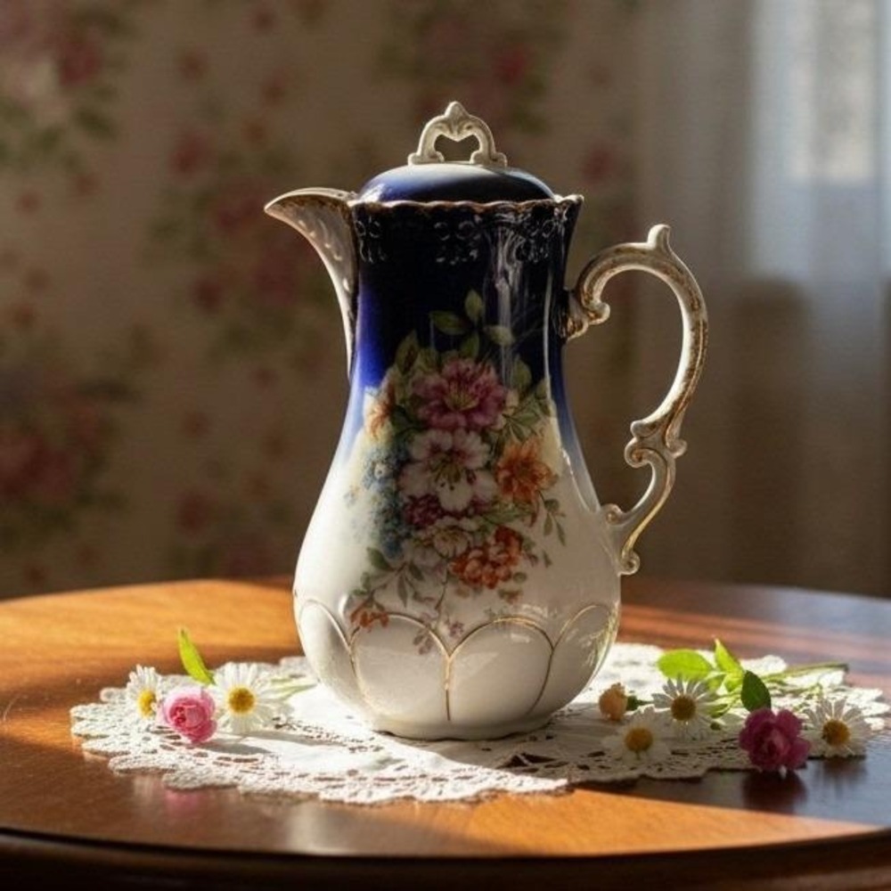 Antique Hand Painted Cobalt Gold Floral Chocolate Pot Nippon Style W Lid